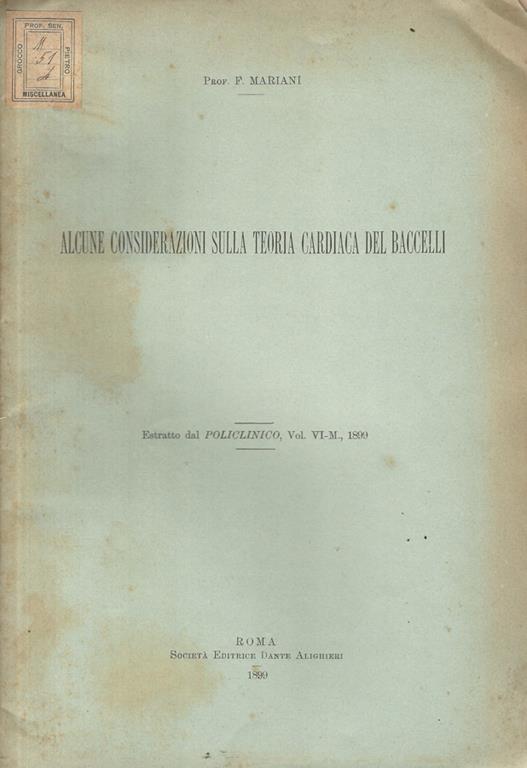 Alcune considerazioni sulla teoria cardiaca del Baccelli - F. Mariani - copertina