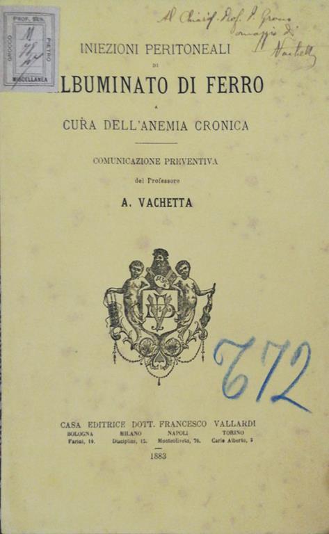 Iniezioni peritoneali di albuminato di ferro a cura dell'anemia cronica - Prof. Vachetta - copertina