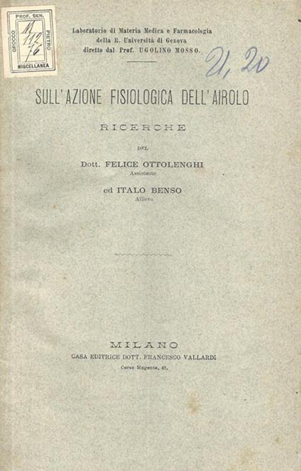 Sull'azione fisiologica dell'airolo. Ricerche - Felice Ottolenghi - copertina