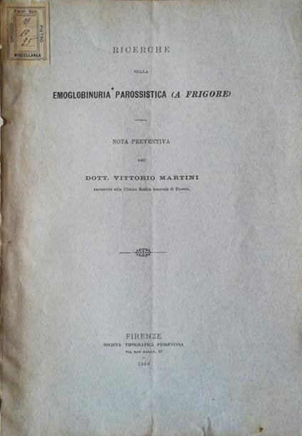 Ricerche sulla emoglobinuria parossistica (a frigore) - Vittorio Martini - copertina