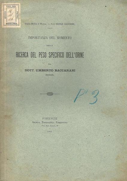 Importanza del momento nella ricerca del peso specifico dell'orine - Umberto Baccarani - copertina