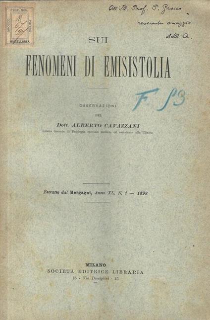 Sui fenomeni di emisistolia. Osservazioni - Alberto Cavazzani - copertina