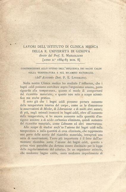 Contribuzione allo studio dell'influenza dei bagni caldi sulla temperature e sul ricambio materiale - P. Livierato - copertina