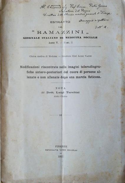 Modificazioni riscontrate nelle immagini teleradiografiche antero-posteriori del cuore di persone allenate e non allenate dopo una marcia faticosa - Luigi Tarabini - copertina