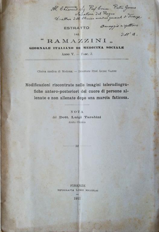 Modificazioni riscontrate nelle immagini teleradiografiche antero-posteriori del cuore di persone allenate e non allenate dopo una marcia faticosa - Luigi Tarabini - copertina