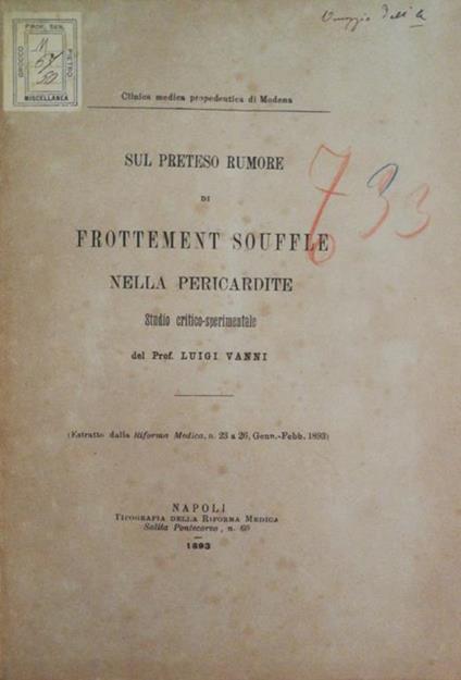 Sul preteso rumore di frottement souffle nella pericardite - Luigi Vanni - copertina