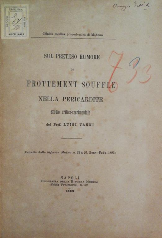 Sul preteso rumore di frottement souffle nella pericardite - Luigi Vanni - copertina