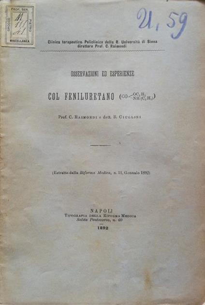 Osservazioni ed esperienze col feniluretano - Prof. Raimondi - copertina