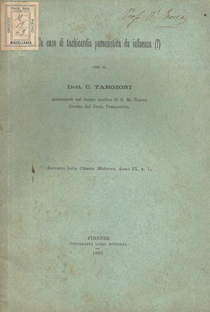 Un caso di tachicardia parossistica da influenza (?) - C. Targioni - copertina