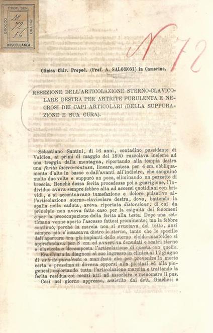 Resezione dell'articolazione sterno-clavicolare destra per artrite purulenta e necrosi dei capi articolari (della suppurazione e sua cura) - A. Salomoni - copertina