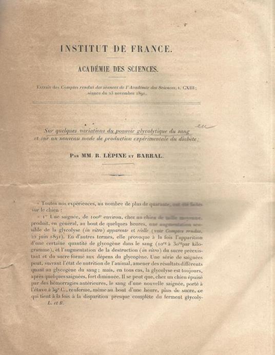 Sur quelques variations di pouvoir glycolytique du sang et sur un nouveau mode de production expèrimentale du diabète - R. Lépine - copertina