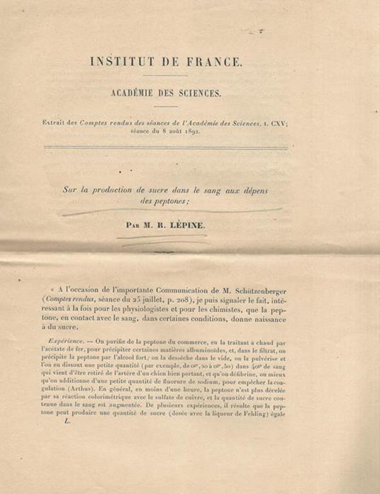 Sur la production de sucre dans le sang aux dépens des peptones - R. Lépine - copertina