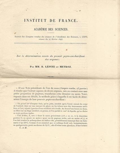 Sur la dètermination exacte du pouvoir pepto-saccharifiant des organes - R. Lépine - copertina