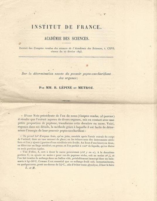 Sur la dètermination exacte du pouvoir pepto-saccharifiant des organes - R. Lépine - copertina