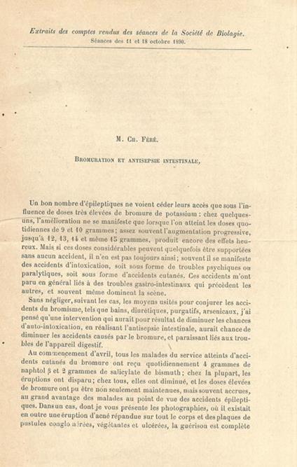 Bromuration et antisepsie intestinale, Influence du système nerveux sur l'infection, Troisième note sur les injections intra-veineuses d'urines d'épileptiques, Note sur l'éternuement provoqué par les excitations lumineuses - M. Féré - copertina