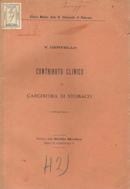 Contributo clinico al carcinoma di stomaco - Vincenzo Cervello - copertina