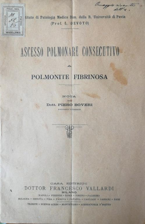 Ascesso polmonare consecutivo a polmonite fibrinosa - Piero Boveri - copertina