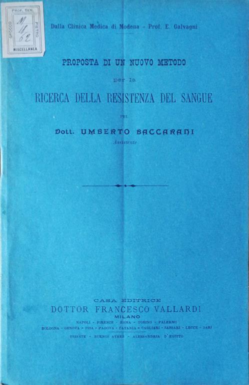 Proposta di un nuovo metodo per la ricerca della resistenza del sangue - Umberto Baccarani - copertina