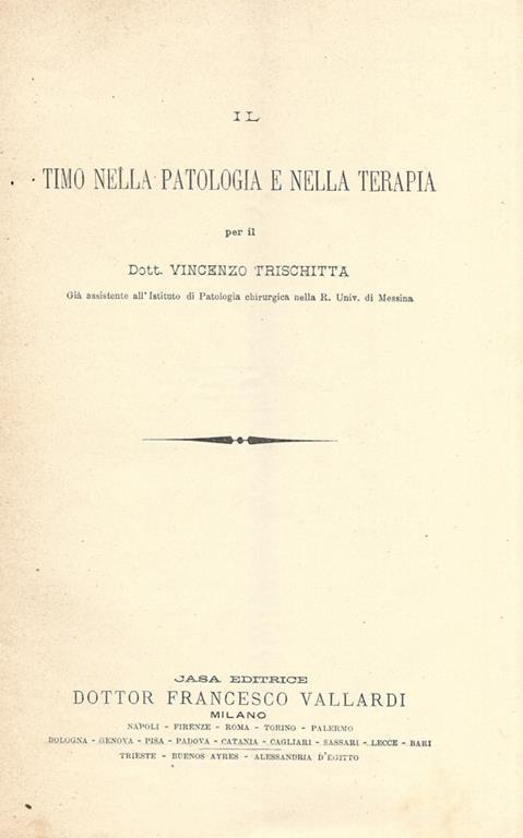 Il timo nella patologia e nella terapia - Vincenzo Trischitta - copertina