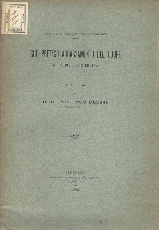 Sul preteso abbassamento del cuore nella posizione eretta. Nota - Augusto Plessi - copertina