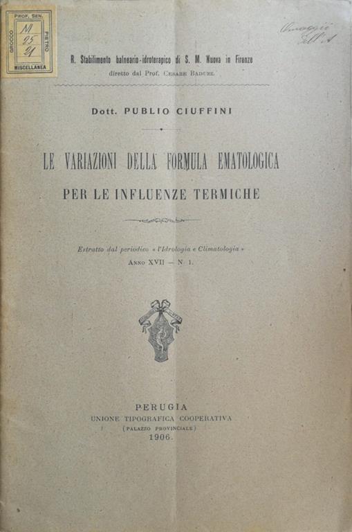 Le variazioni della formula ematologica per le influenze termiche - Publio Ciuffini - copertina