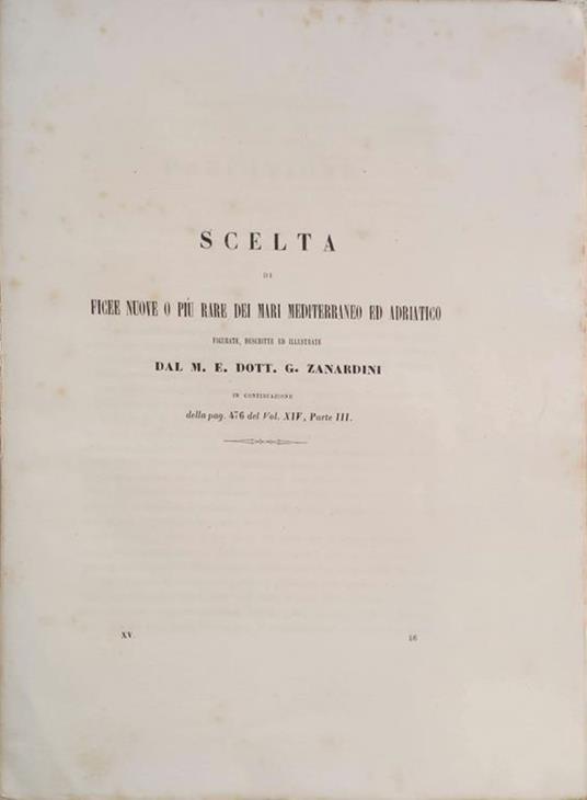 Scelta di ficee nuove o più rare dei mari Mediterraneo ed Adriatico. figurate, descritte ed illustrate dal M. E. Dott. G. Zanardini in continuazione della pag. 476 del Vol. XIV, Parte III - Presentate il 20 giugno 1870 - G. Zanardini - copertina