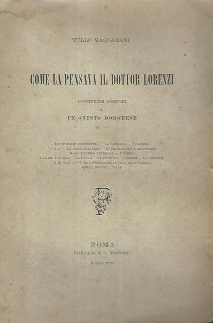 Come la pensava il Dottor Lorenzi. Confidenze postume di un onesto borghese - Tullo Massarani - copertina