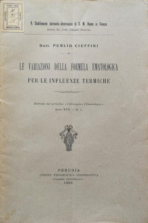 Le variazioni della formula ematologica per le influenze termiche - Publio Ciuffini - copertina