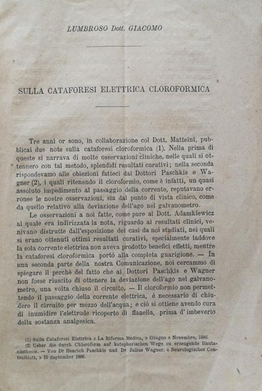 Sulla cataforesi elettrica cloroformica - Giacomo Lumbroso - copertina