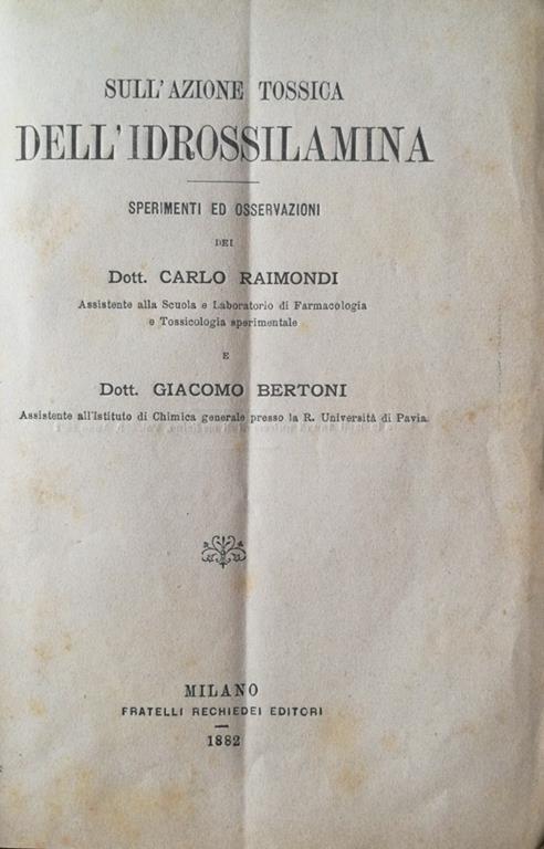 Sull'azione tossica dell'idrossilamina - Carlo Raimondi - copertina