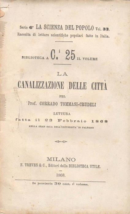 La canalizzazione delle città. Lettura fatta il 23 febbraio 1868, nella gran sala dell'università di Palermo - copertina