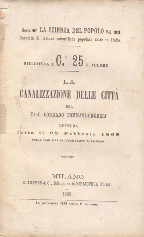 La canalizzazione delle città. Lettura fatta il 23 febbraio 1868, nella gran sala dell'università di Palermo - copertina