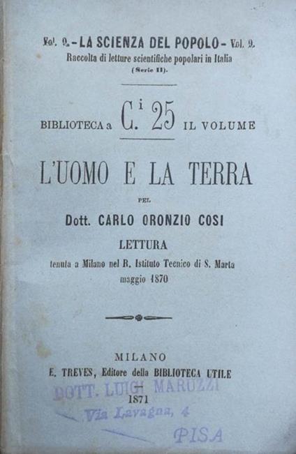 L' uomo e la terra. Lettura tenuta a Milano nel R. Istituto Tecnico di S. Marta, maggio 1870 - copertina