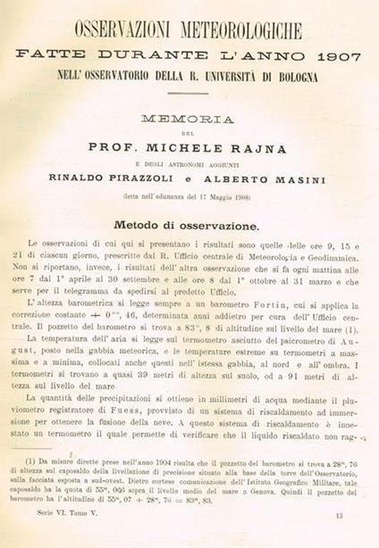 Osservazioni meteorologiche fatte durante l'anno 1907 nell'osservatorio della R.Università di Bologna. Estratto - Michele Rajna - copertina