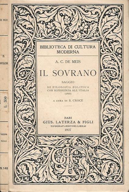 Il Sovrano. Saggio di filosofia politica con riferenza all'Italia 1868 - A. C. De Meis - copertina