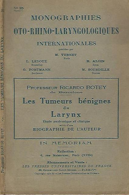 Les Tumeurs benignes du Larynx. Etude anatomique et clinique - copertina