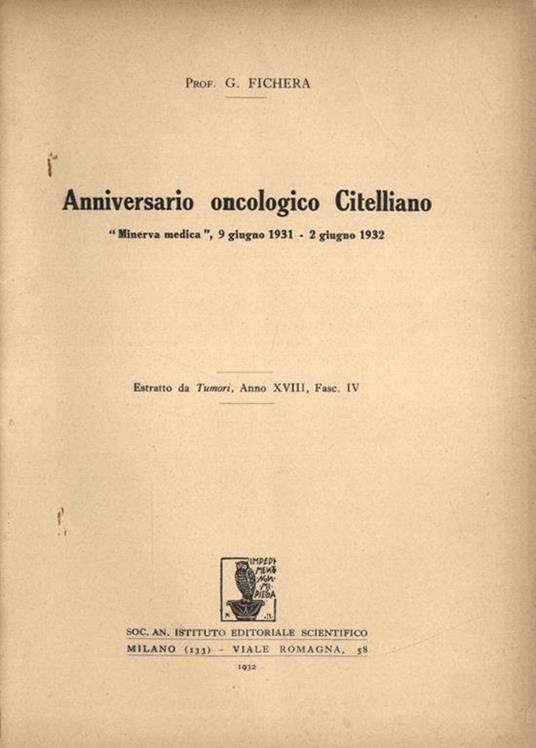 Anniversario oncologico Citelliano. Minerva medica, 9 giugno 1931 - 2 giugno 1932 - copertina