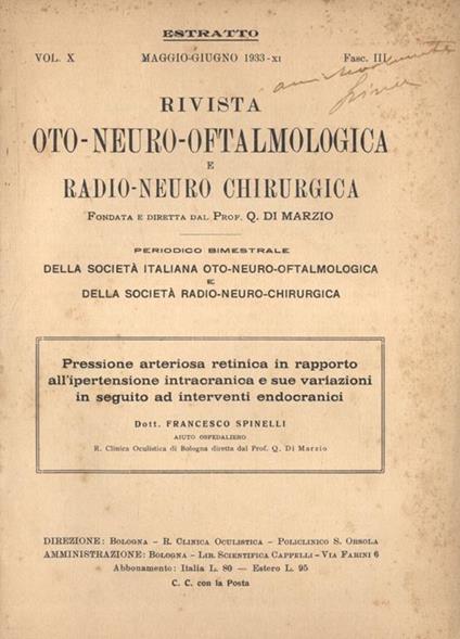 Pressione arteriosa retinica in rapporto all' ipertensione intracranica e sue variazioni in seguito ad interventi endocranici - Francesco Spinelli - copertina