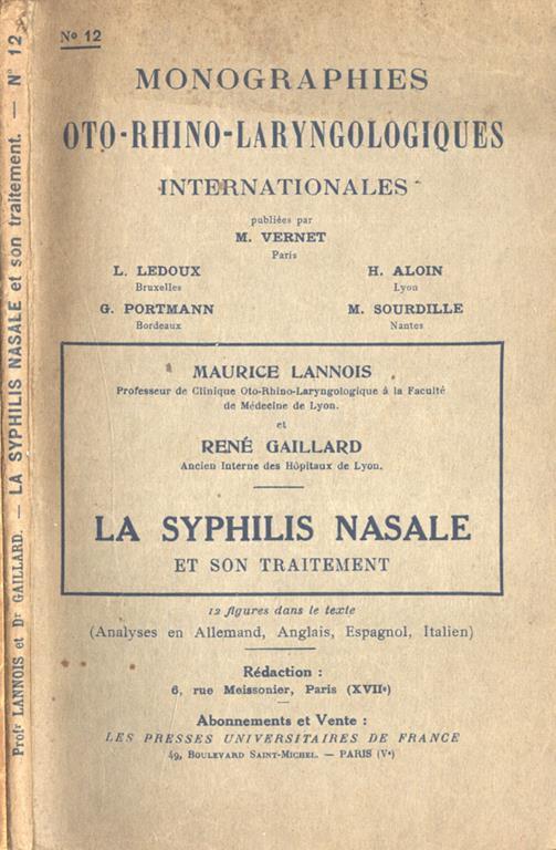 La syphilis nasale et son tratement - Maurice Lannois - copertina