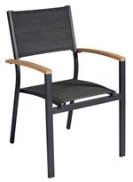 Set 4 sedie per bar e giardino in alluminio nero e teak con seduta imbottita e braccioli