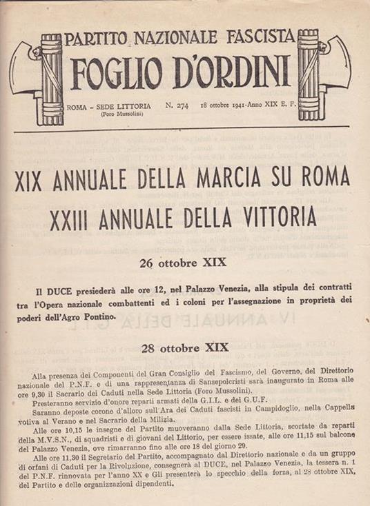 Partito Nazionale Fascista Foglio d'ordini Roma - Sede Littoria N. 286 - 2  dicembre 1942 - Anno XXI E.F. - Parla il Duce - Libro Usato - Istituto  Poligrafico dello Stato - | IBS