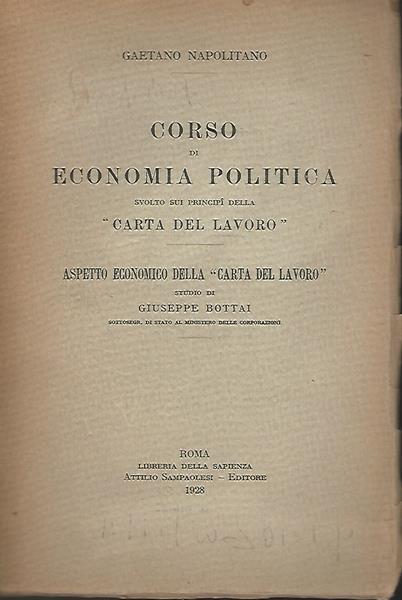 Corso Di Economia Politica Svolto Sui Principi Della Carta Del Lavoro - Gaetano Napolitano - copertina