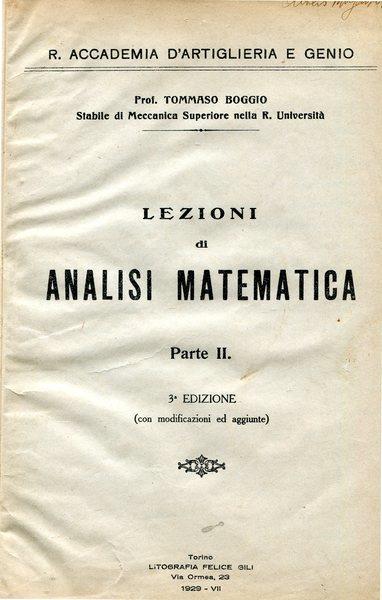 Lezioni di analisi matematica. parte II - Tommaso Boggio - copertina