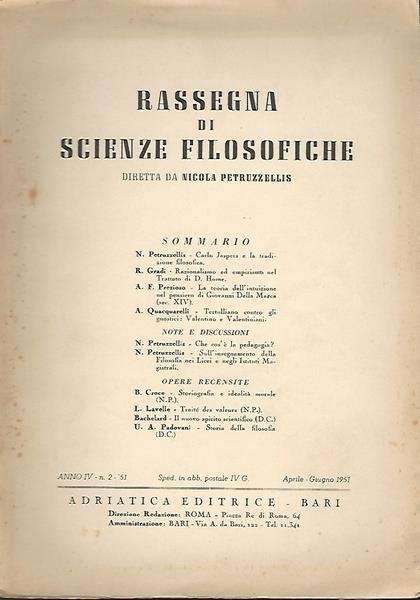 Rassegna Di Scienze Filosofiche. Anno Iv. N.2 - Nicola Petruzzellis - copertina