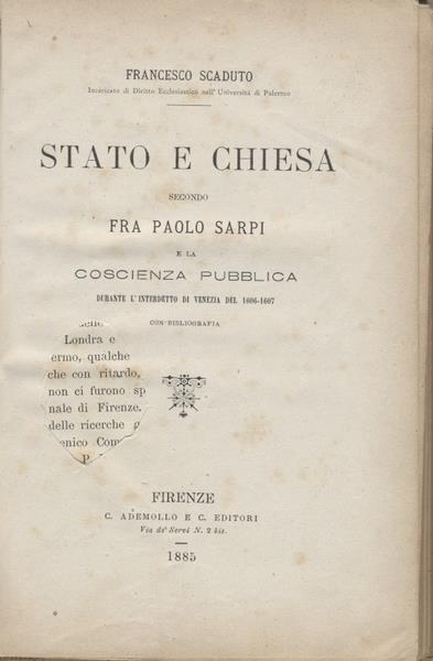 Stato E Chiesa Secondo Fra Paolo Sarpi E La Coscienza Pubblica - Francesco Scaduto - copertina