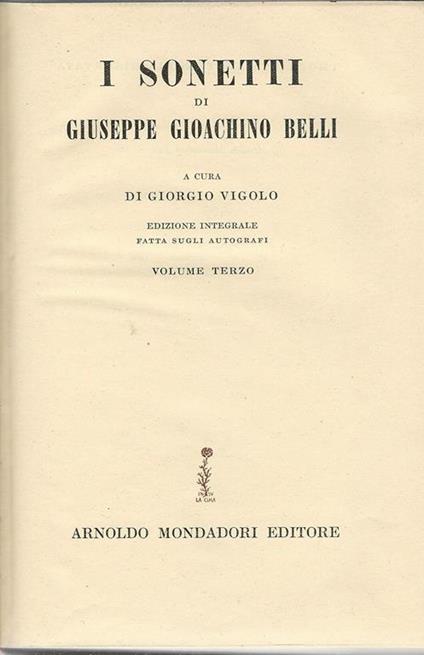 sonetti di Giuseppe Gioachino Belli. Volume terzo - Giorgio Vigolo - copertina