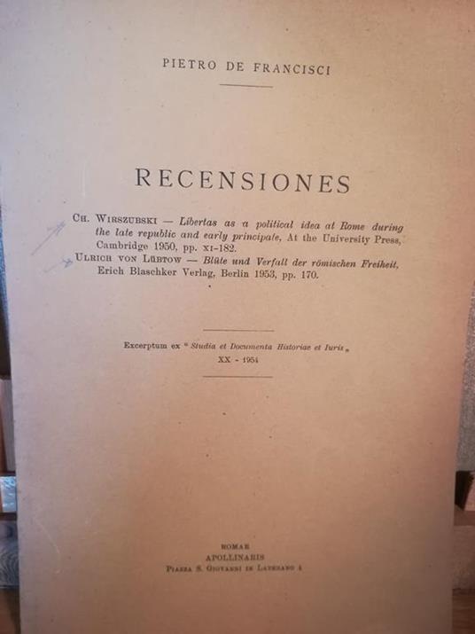 Recensiones. Ch. Wirszubski: Libertas as a political idea at Rome during the late republic (...) - Pietro De Francisci - copertina