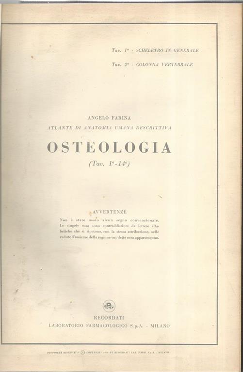 Atlante di anatomia umana descrittiva. Volumi I-II. Osteologia - Angiologia - Angelo Farina - copertina