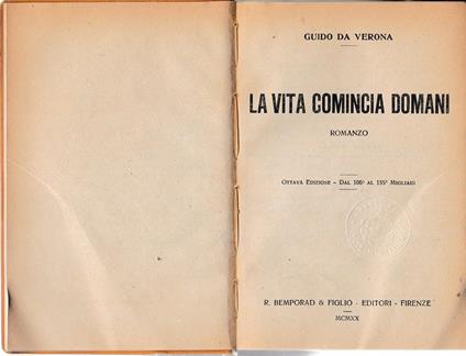 La vita comincia domani - Guido Da Verona - copertina