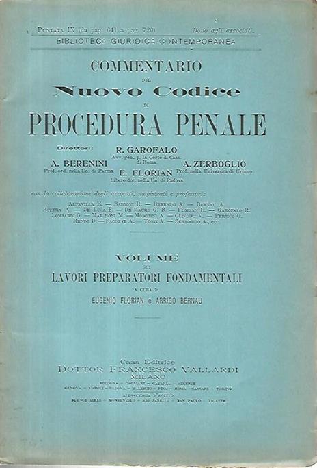 Commentario del nuovo codice di procedura penale. Volume sui lavori preparatori fondamentali. Puntata IX - Eugenio Florian - copertina